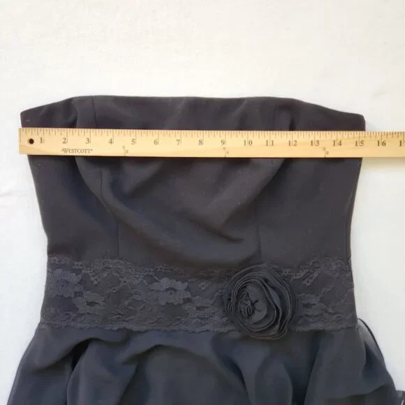 Liz Claiborne black Strapless Chiffon Dress Lace Rose Fairy Whimsigoth Dark Boho - Picture 14 of 15